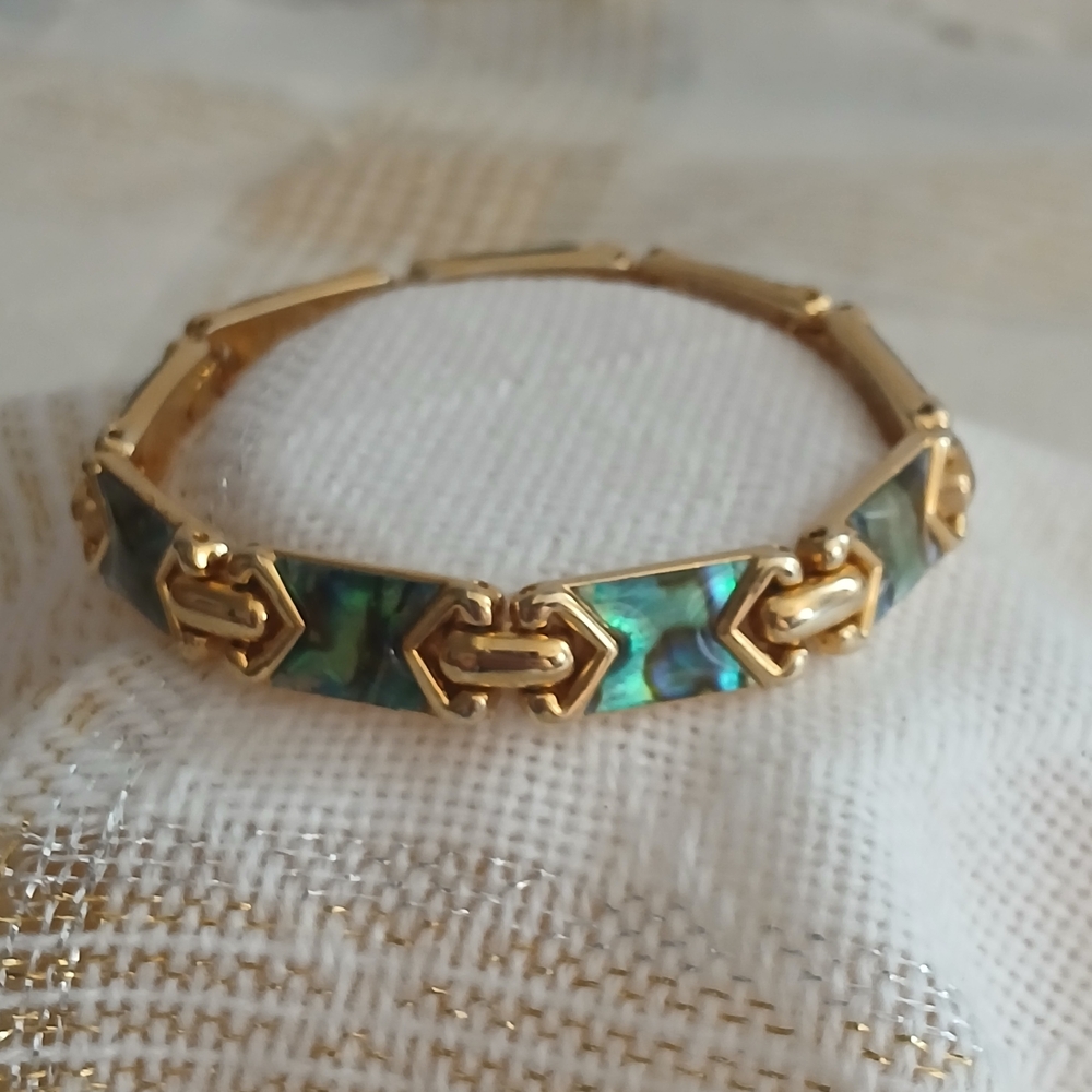 Gold-Tone Abalone Inlay Link Bracelet - Iridescent Blue-Green - Picture 2 of 11